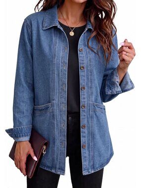 Women’s Beau Blue Oversized With Pockets Button Down Denim Jean Jacket Shacket